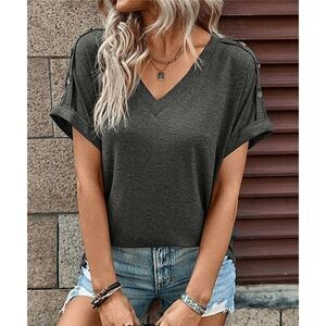Deep Gray Button-Accent Short-Sleeve V-Neck Top L #1805-C8